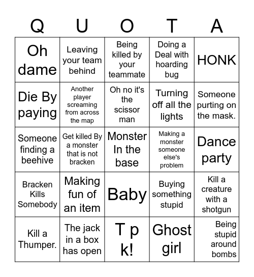 Lethal Company bingo Card