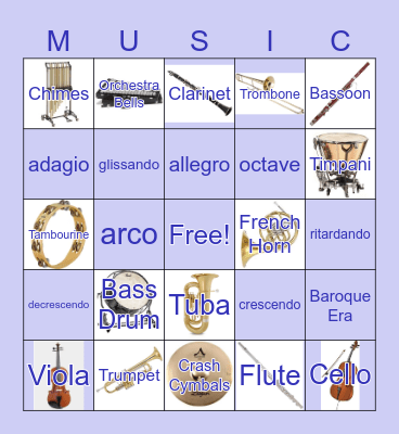 Instruments and Music Terminology Bingo Card