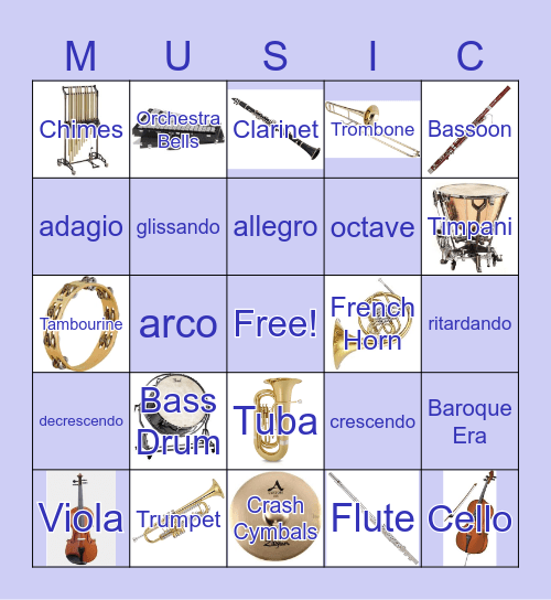 Instruments and Music Terminology Bingo Card