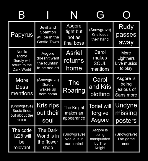 Deltarune Chapter 5 Bingo Card