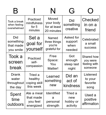 Mental Health Bingo Card