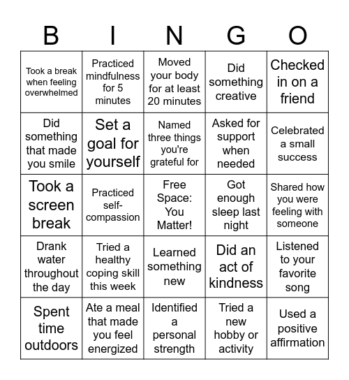 Mental Health Bingo Card