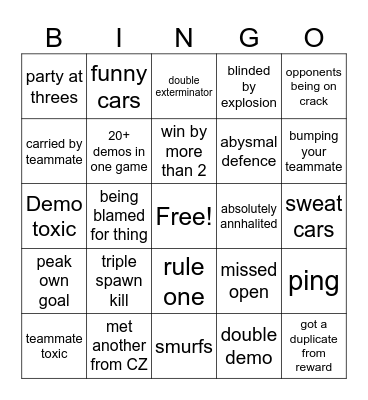 Rocket League Bingo 3v3 (demo and normal play) Bingo Card