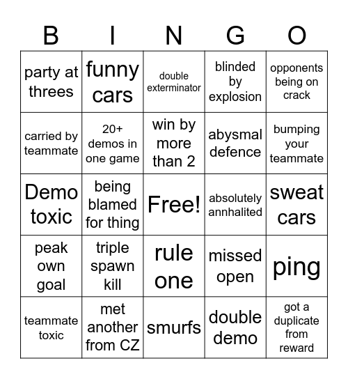 Rocket League Bingo 3v3 (demo and normal play) Bingo Card