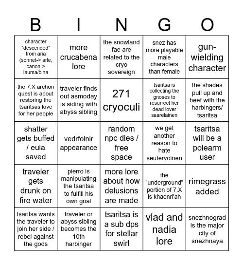 snezhnaya BINGO Card