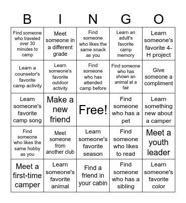 Oz 4-H Base Camp BINGO Card