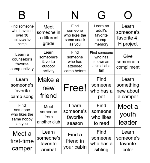 Oz 4-H Base Camp BINGO Card