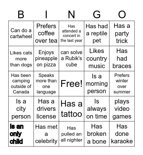 Human Bingo! Bingo Card