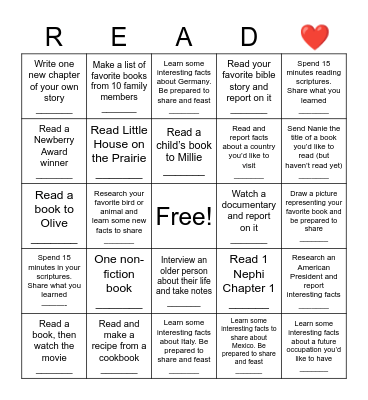 Nanie’s Summer Reading Challenge Bingo Card