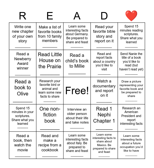 Nanie’s Summer Reading Challenge Bingo Card