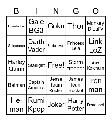 Cosplay bingo Card