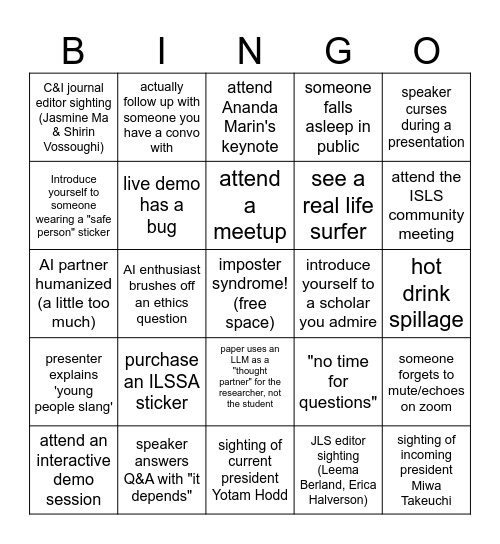 ISLS Irvine Bingo Card