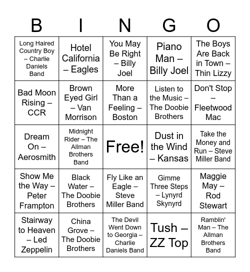 Round 4: Southern Rock Bingo Card