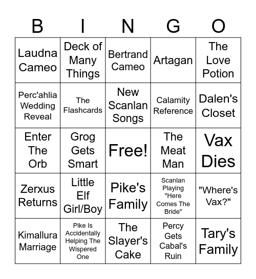 Vox Machina Season 4 Bingo Card