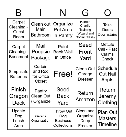 CHORE / TASK BINGO Card