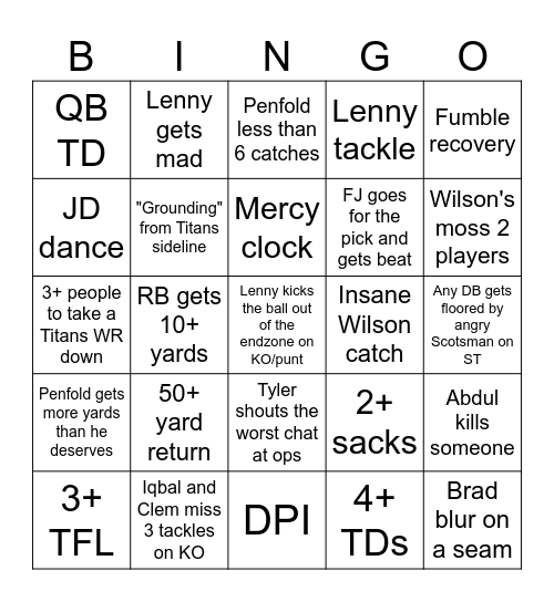 Titans Bingo Card