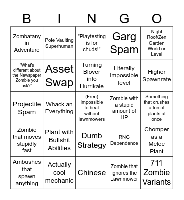 PVZ Hard Mode Mod Bingo Card