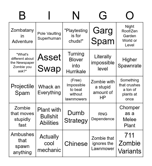 PVZ Hard Mode Mod Bingo Card