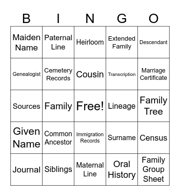 Family History Vocabulary Bingo Card