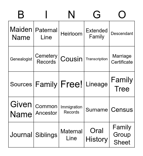 Family History Vocabulary Bingo Card