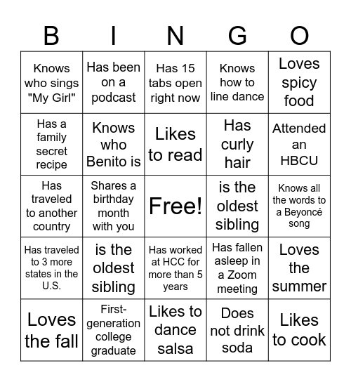 HLC & BLC Human Bingo Card