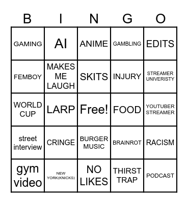 Instagram reel bingo Card