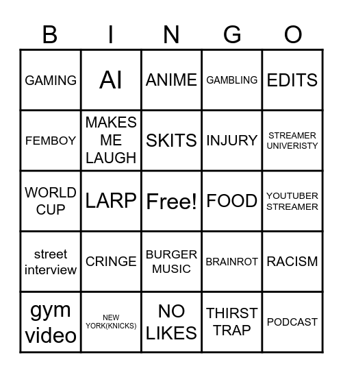 Instagram reel bingo Card