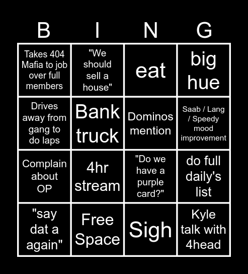 Average 4head stream bingo Card