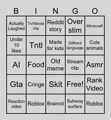 YT Shorts Bingo Card