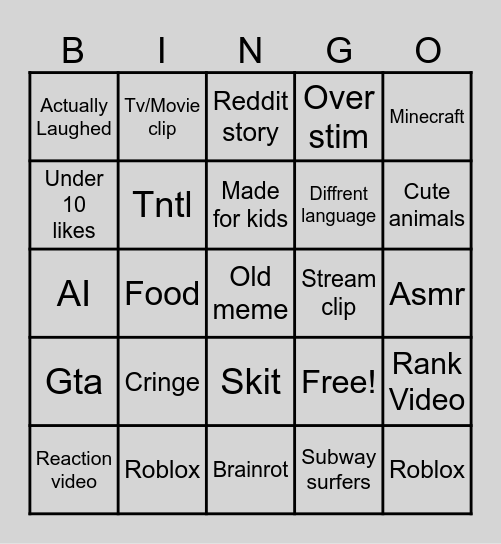 YT Shorts Bingo Card