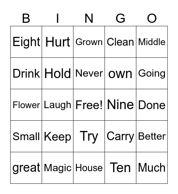 Sight Words Bingo Card