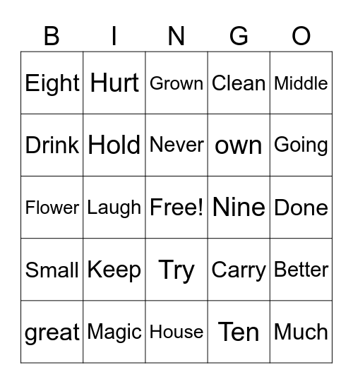 Sight Words Bingo Card