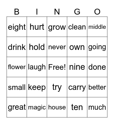 Sight Words Bingo Card
