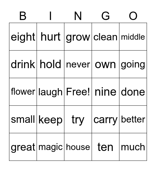 Sight Words Bingo Card