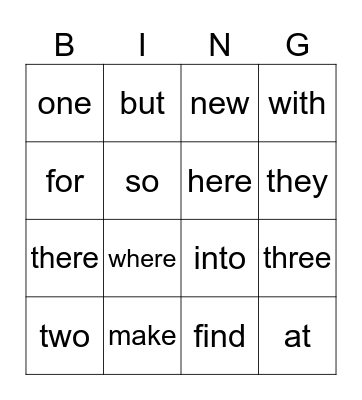 Sight Words Bingo Card