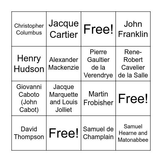 Early Explorers Bingo Card