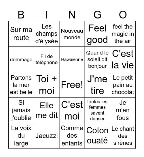 Bingo musicale francophone Bingo Card
