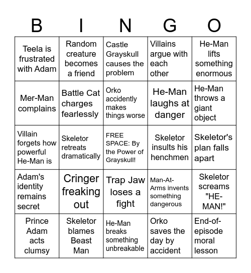 Masters of the Universe Bingo Card
