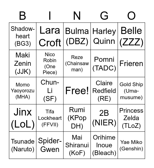 Comic Con Bingo Card