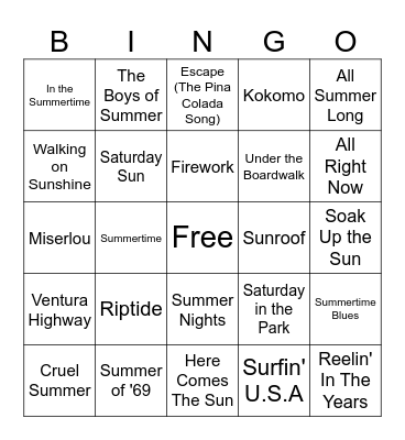 Summer Music Bingo Card