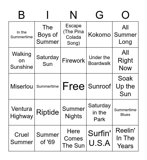 Summer Music Bingo Card