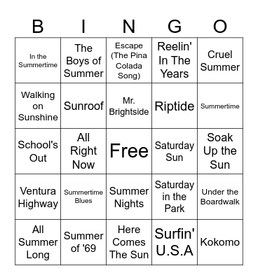Summer Music Bingo Card