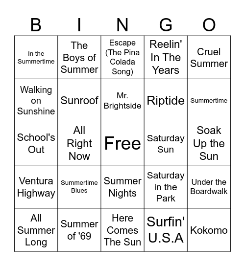 Summer Music Bingo Card