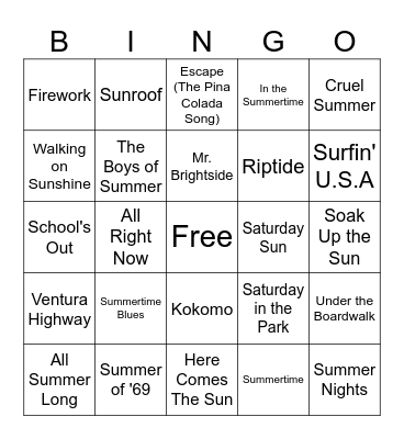 Summer Music Bingo Card