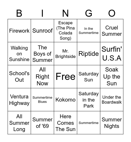 Summer Music Bingo Card