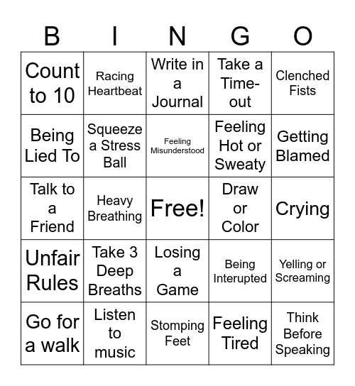 Anger Bingo Card
