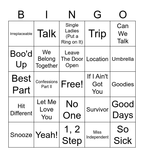 R&B Hits Bingo Card