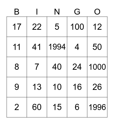 Number Bingo Card