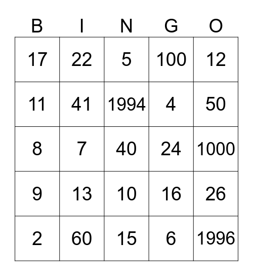 Number Bingo Card