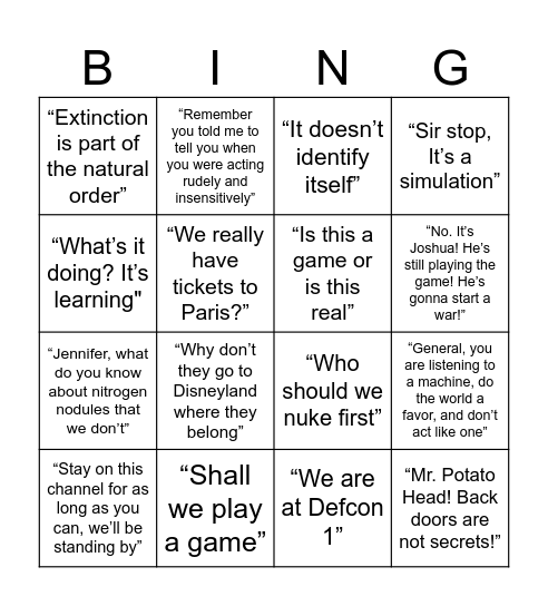 WAR GAMES BINGO Card